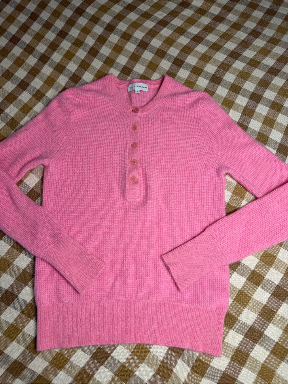 White + Warren 100% Cashmere Pink Waffle Knit Henley Sweater M - Picture 2 of 10